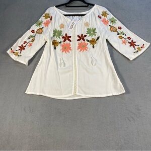Sorrento Women’s White Blouse with Multicolor Floral Embroidery, 3/4 sleeves, S